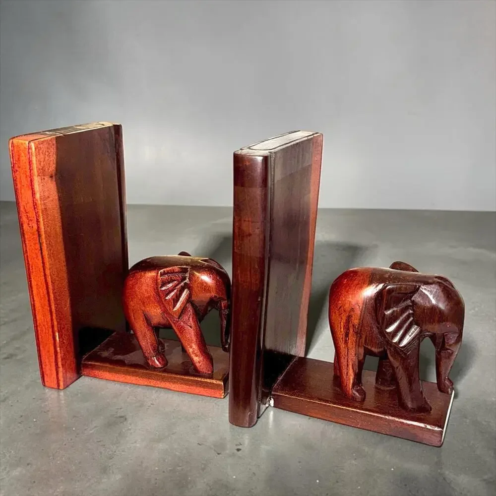 Vintage Wooden Elephant Bookends | Carved Elephant Shelf Decor Pair